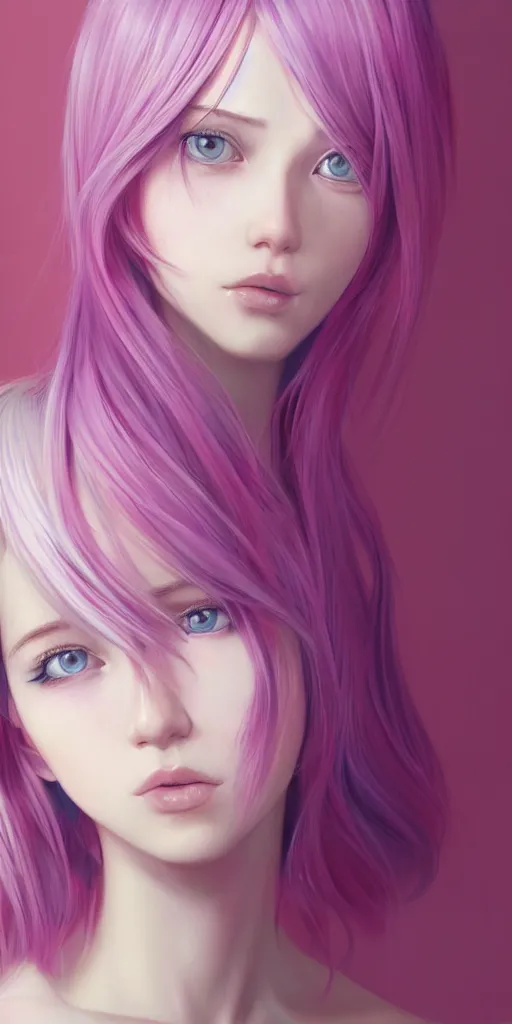 Image similar to a singular beautiful girl with pink and blue dyed hair, realistic female portrait, highly detailed, by ilya kuvshinov, makoto shinkai, photorealistic