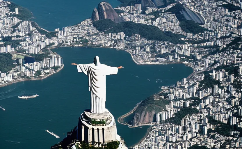 Prompt: photo of the christ the redeemer statue above rio, holding an immense fish between his arms