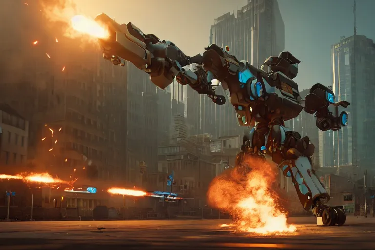 Image similar to six meter tall mech firing a minigun in a city, action scene, unreal engine screenshot, action game, octane render, trending on artstation