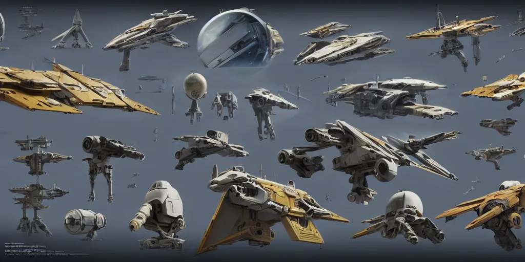 Image similar to futuristic sci - fi props and gadget, hard surface, collection, kitbash, parts, shape and form, in watercolor gouache detailed paintings, star citizen, modular, pieces, golden ratio, mobius, weapon, guns, destiny, big medium small, insanely details, wes anderson, bungie, star wars