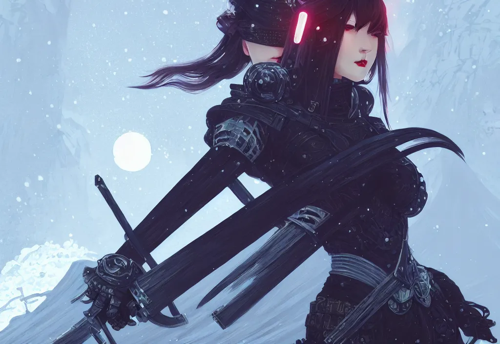 Image similar to portrait ninja gaiden girl, armored dieselpunk ninja wardrobe, at snowy fuji mountain moonlight, ssci - fi and fantasy, intricate and beautiful and elegant, digital painting, frostbite engine, artstation, concept art, smooth and sharp focus, illustration, art by tian zi and wlop and alphonse mucha