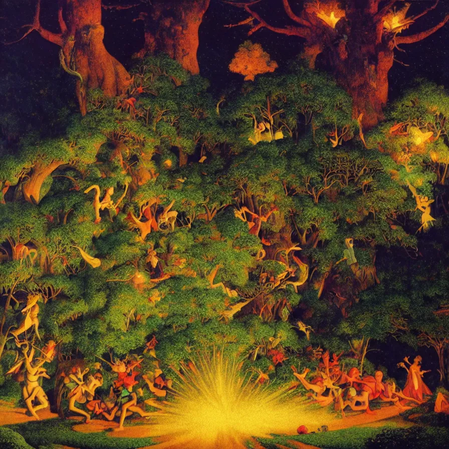 Image similar to closeup of a night carnival inside a tree cavity in a magical forest in the middle of a summer storm, with a music scenario with many fireworks and christmas lights, volumetric lightning, instense god rays in the sky, folklore people disguised with fantastic creatures in a magical forest by summer night, masterpiece painted by maxfield parrish, very coherent and colorful high contrast masterpiece,