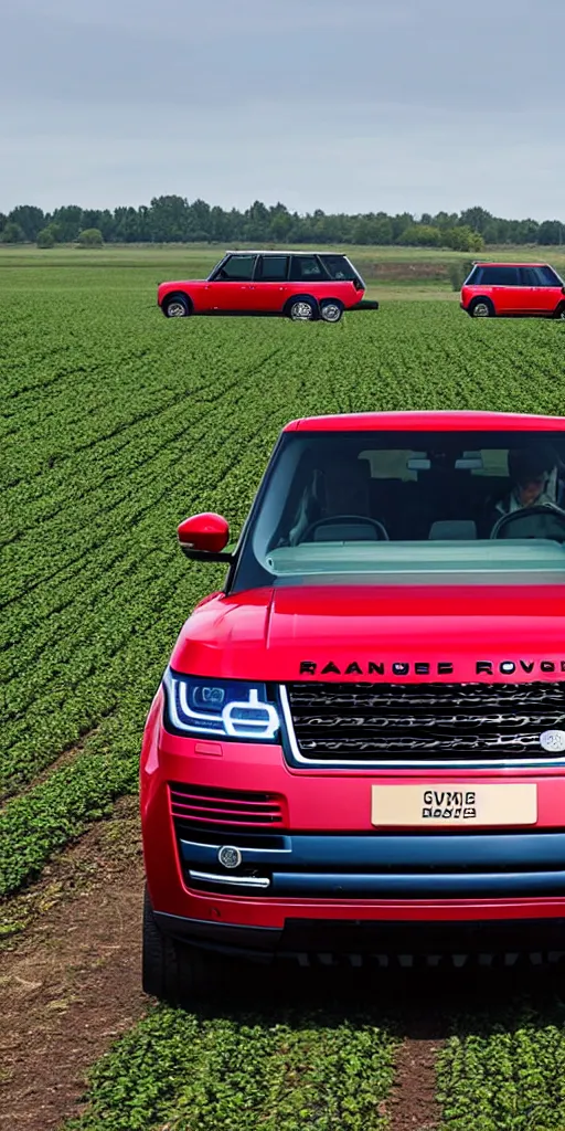 Image similar to A range rover supercharged in the middle of a strawberry field