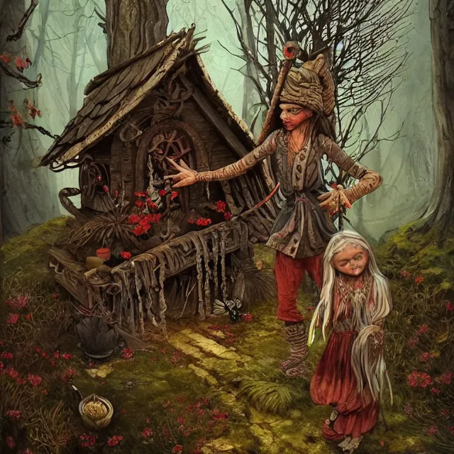 Image similar to баба яга, baba yaga, slavic folk fairytale, story, fable, dramatic, fantasy art, an ultrafine detailed painting, colorized, elegant, sharp focus, artstation, by pavel korin, viktor vasnetsov