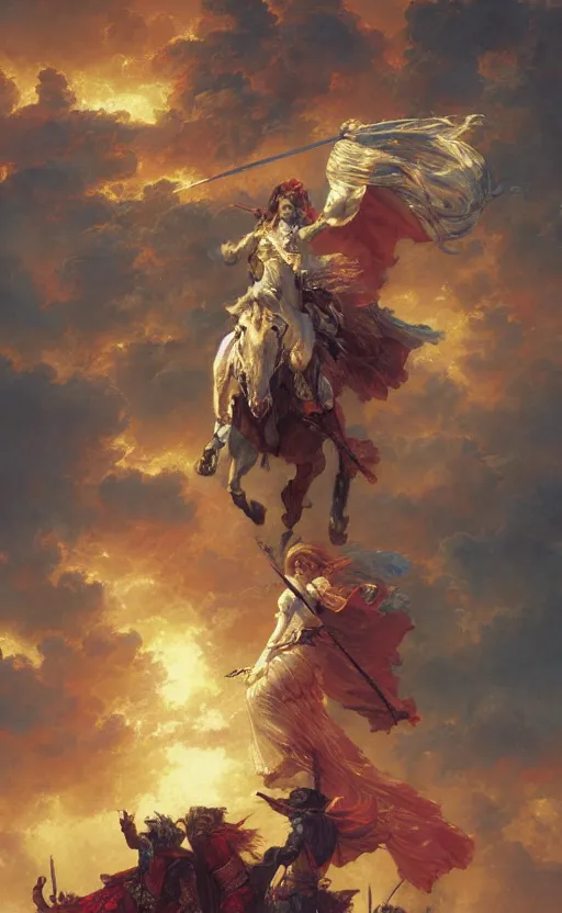 Image similar to the last knight stands victorious by adrian smith and delphin enjolras and daniel f. gerhartz and pierre auguste cot and marc simonetti
