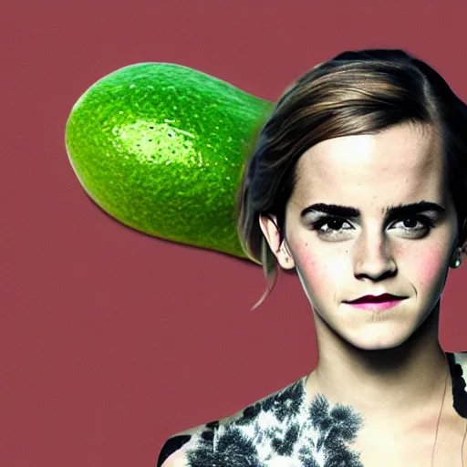 Prompt: photograph of emma watson with green avocado skin, anthropomorphic, photoshop