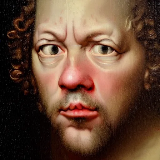 Image similar to A 17th century Baroque Painting of Dean Ween, grainy, realistic, hyperrealistic, very realistic, very very realistic, highly detailed, very detailed, extremely detailed, detailed, digital art, trending on artstation, detailed face, very detailed face, very detailed face, realism, HD Quality, 8k resolution, intricate details, body and head in frame, painting, oil painting, trending on deviantart, Baroque Painting