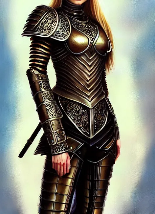 Prompt: leather armor full - body portrait of slavic young woman warrior, front, symmetrical, extremely detailed face, beautiful face, blonde hair, blue eyes, digital painting, true anatomy, by valerian city of a thousand planets, by ruan jin #, by mandy jurgens #, by artgerm #, william - adolphe bouguerea #