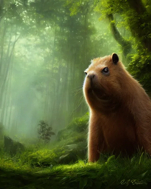 Prompt: oil painting of Anthropomorphized Capybara Druid casting green magic spell, wearing leaf cloak, glowing eyes, sharp focus, fantasy style, octane render, volumetric lighting, 8k high definition, by greg rutkowski, highly detailed, trending on art Station, magic the gathering artwork, magical forest backround, centered