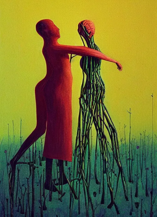 Image similar to women made of twigs and colorful flowers hugging Edward Hopper and James Gilleard, Zdzislaw Beksinski, highly detailed