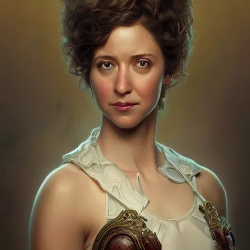 Image similar to ultra realistic illustration, kristen schaal from diablo, intricate, elegant, highly detailed, digital painting, artstation, concept art, smooth, sharp focus, illustration, art by artgerm and greg rutkowski and alphonse mucha