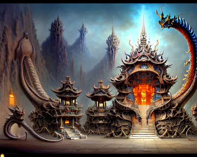 Image similar to street view of a temple made of dragon skeletons, fantasy landscape made of fractals facing each other, ultra realistic, wide angle, intricate details, the fifth element artifacts, highly detailed by peter mohrbacher, hajime sorayama, wayne barlowe, boris vallejo, aaron horkey, gaston bussiere, craig mullins