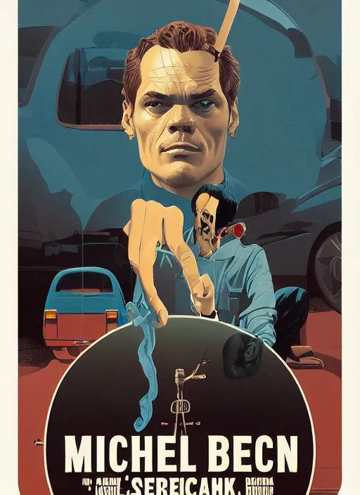 Image similar to poster artwork by Michael Whelan and Tomer Hanuka, Karol Bak of portrait of Michael Shannon!!!!!! the local mechanic clerk at the auto store, from Twin Peaks, clean, simple illustration, nostalgic, domestic, full of details