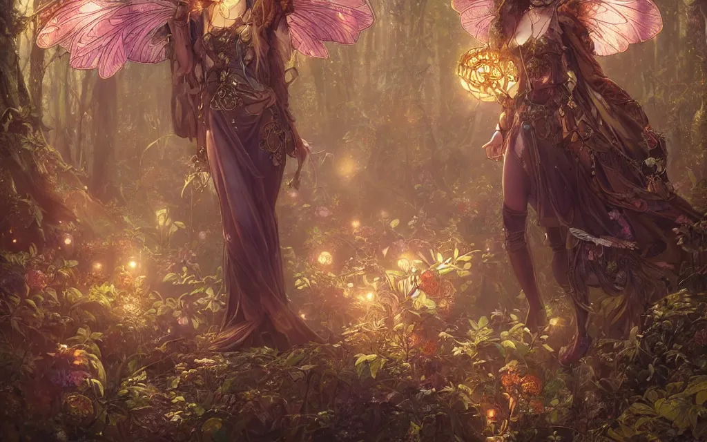 Prompt: ultra realistic illustration of steampunk magical fairy, forest, fantasy, lenses, colorful lights, intricate, elegant, highly detailed, digital painting, artstation, concept art, smooth, sharp focus, illustration, art by artgerm and greg rutkowski and alphonse mucha