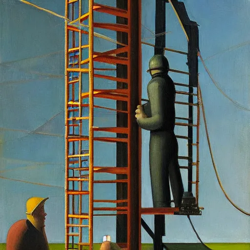 Prompt: giant robot in a scaffold, scientists climbing up, grant wood, pj crook, edward hopper, oil on canvas