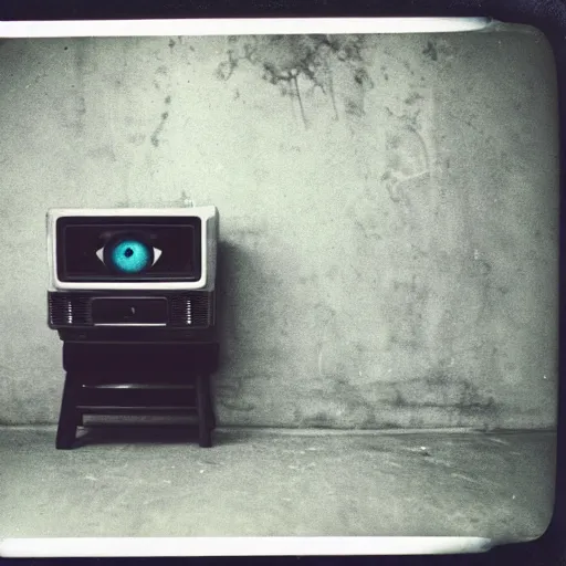 Image similar to small dark concrete room with a tv on the ground, the tv has a pair of eyes on a dark background, creepy, eerie, old polaroid, expired film,