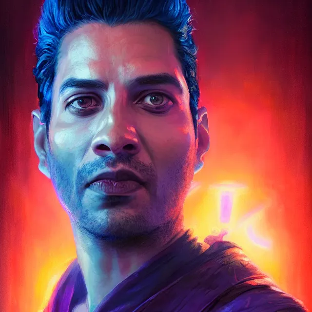 Prompt: portrait of chrisjen avasarala from the expanse by mandy jurgens, dressed in a sari, cartoon, oil painting, visionary art, magic symbols, holy halo, neon ambient lighting, high detail, vibrant colors,