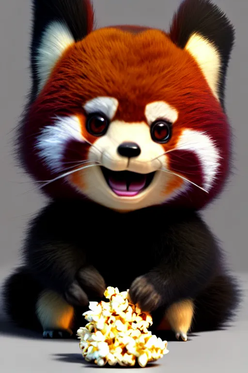 Image similar to high quality 3 d render hyperrealist very cute gothic happy red panda & koala hybrid eating popcorn, vray smooth, detective pikachu, very dramatic light, low angle, uhd 8 k, shallow depth or field