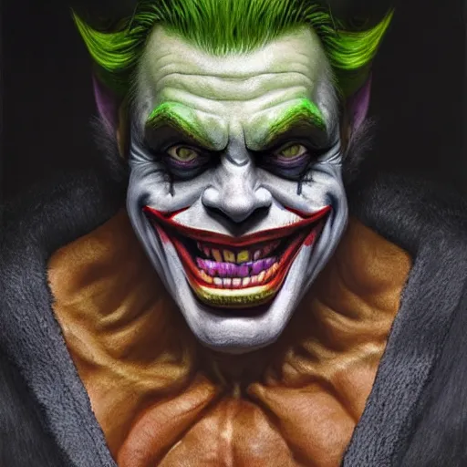 Image similar to portrait of mark hamill as the joker as a hulking herculean demon orc bugbear clown, godlike, upper body, fantasy, intricate, elegant, highly detailed, digital painting, artstation, concept art, sharp focus, illustration, art by artgerm and greg rutkowski and alphonse mucha