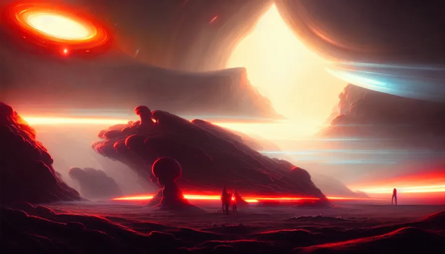 Prompt: paint an epic sci - fi battle scene as sd ai would paint it, in the tyle of tom bagshaw, epic scene on earth like planet surface, glowing light and shadow, cinematic lighting, unreal engine, atmospheric, god lighting, lasers