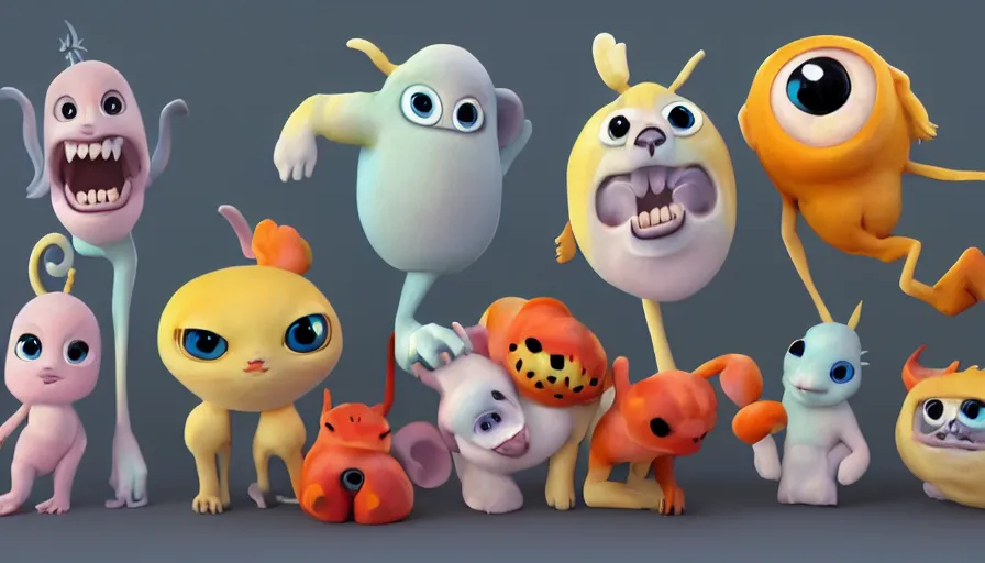 Image similar to very very very cute baby creatures by Max Kostenko and Bobby Chiu, wooden toys, disney, pixar, character design for animation, uplight, big disney eyes, symmetrical eyes, cuteness, 3d render, octane rendered, highly detailed, unreal engine, Trending on Artstation, octane render, 4k, 8k, HD