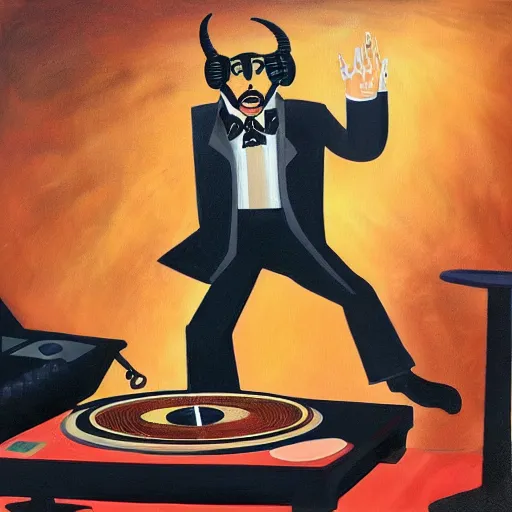 Image similar to painting of the devil as a dj with hand on record spinning