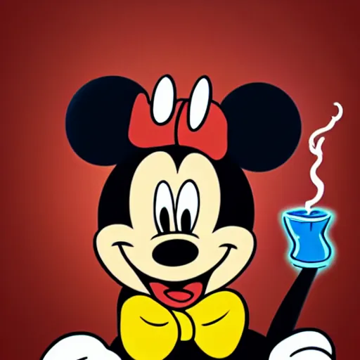 Prompt: mickey mouse with stoned eyes smoking a bong while sitting on a couch, messed apartment, amazing digital art, highly detailed