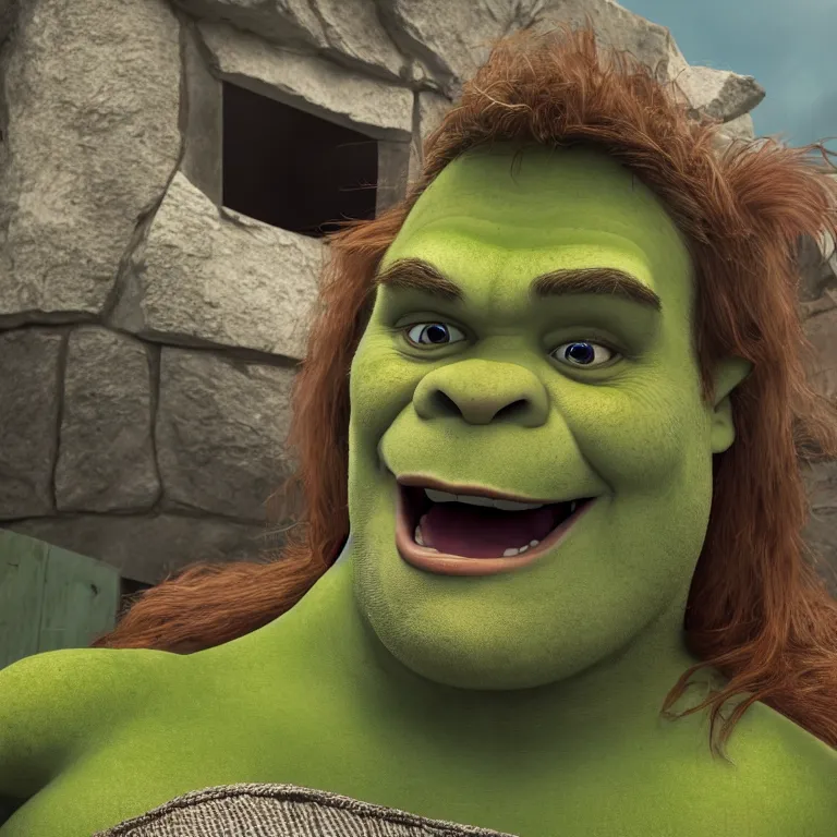 Image similar to Shrek living in a van with long hair , cinematic lighting, photorealistic image, 8k, ultra detailed, high resolution,