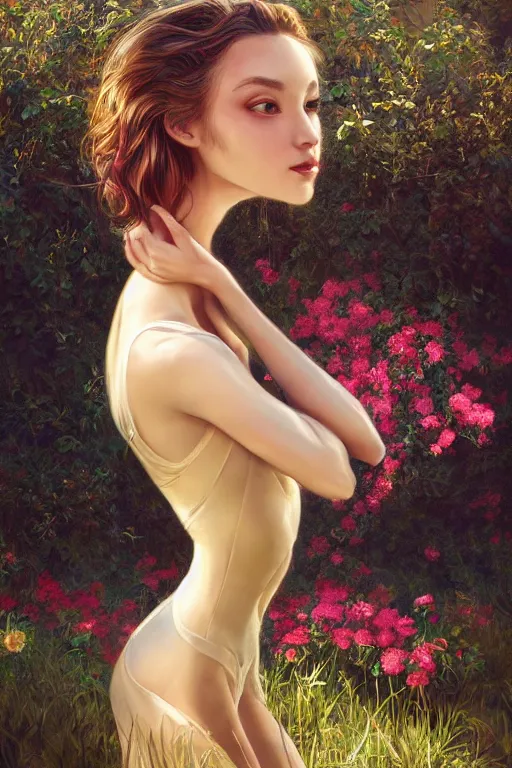 Image similar to stunningly beautiful, prima ballerina in rose garden, symmetrical face, golden hour, smooth, focus, highly detailed, hyper realistic, dramatic lighting, elegant, intricate, concept art, art by wlop, mars ravelo, greg rutowski, artstation