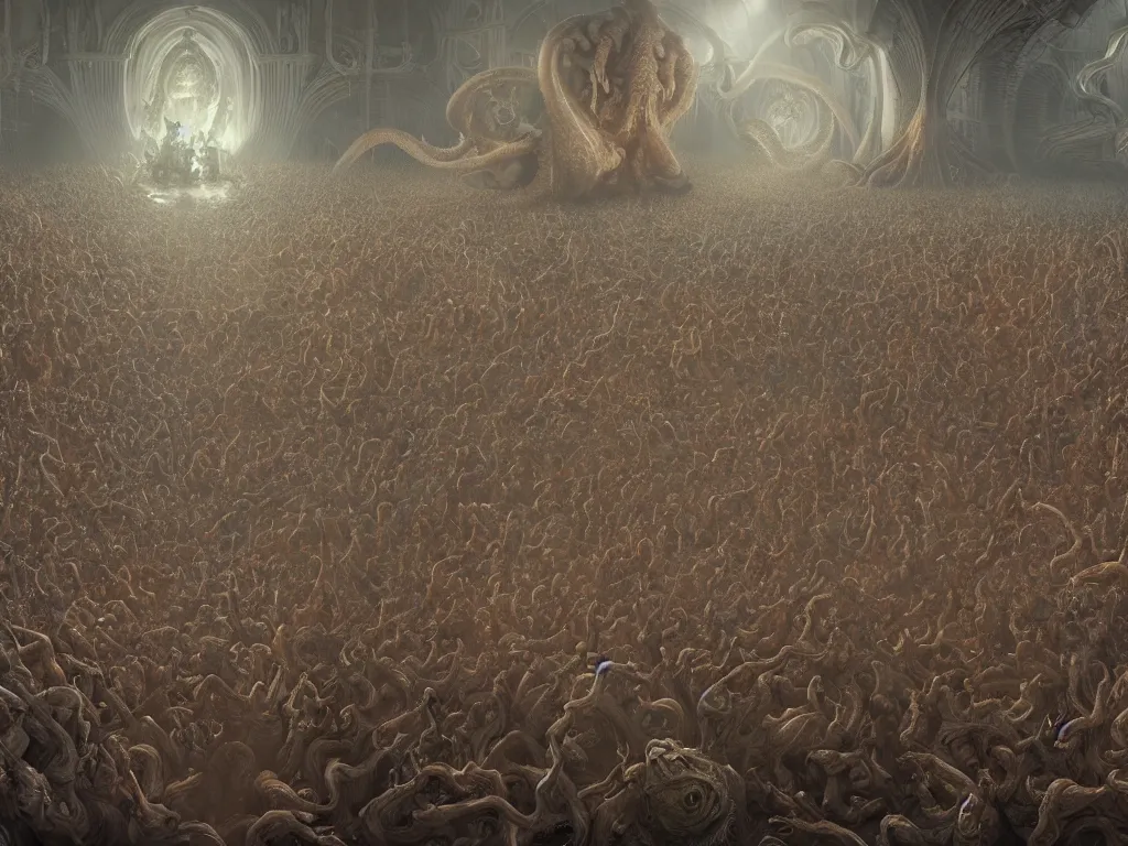 Prompt: wide angle photo of massive group of people souls invoking a giant cthulhu in a hell portal, film quality, by wlop, jungyeonmin and james jean jhonseru jsezz, greg rutkowski, biomechanical, lens orbs, global illumination, intricate architectural, volumetric lighting, japandi, hyperrealist, micro details, vray