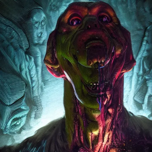 Image similar to realistic portrait beautiful concept art of scooby doo scene when vomit and turns into mutant. horror, created by gustave dore and greg rutkowski, high detailed, smooth draw, synthwave neon retro, trending on artstation.