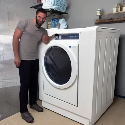 Prompt: A gigachad of a man is showing off his new washing machine