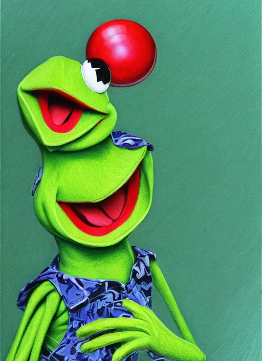 Prompt: portrait of a Deliriously happy and screaming Kermit the frog in Society (1989), highly detailed, centered, solid color background, digital painting, artstation, concept art, smooth, sharp focus, illustration, artgerm, donato giancola, Joseph Christian Leyendecker, Les Edwards, Ed Repka, WLOP, Artgerm