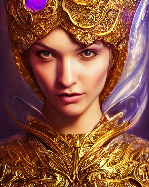 Image similar to a beautiful woman wearing shiny plastic armor inside an ornate bottle of iridescent liquid, alchemy, intricate, bloom, detailed, volumetric lighting, sharp focus, photorealism, digital painting, highly detailed, concept art, by by artgerm and wlop