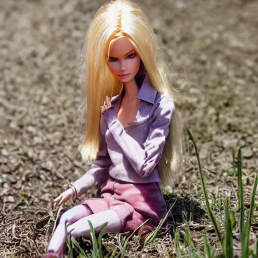 a dirty and broken barbie doll in the ground