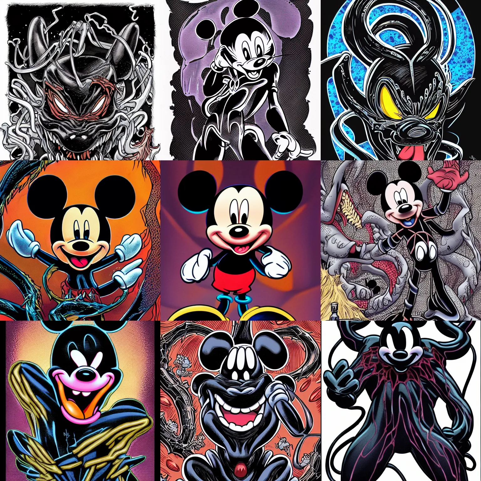 Prompt: mickey mouse venomized venom detailed nightmarish intricate