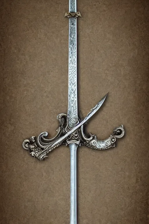 Image similar to sword of justice hanging on a wall, ornate gem in pommel, engraved blade, above a table