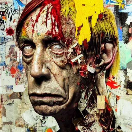 Prompt: hyperrealistic, photorealistic, mixed media oil painting of iggy pop, magazine scraps, plaster, blood, oil, mustard, cigarettes, splatter, trending on artstation, award - winning painting, greg rutkowski, basquiat, ralph steadman, terry gilliam