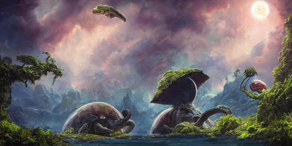 Image similar to fantasy oil painting, klattu spacecraft, outer worlds, great leviathan, turtle cephalopod terrapin reptilian pachyderm amphibian hybrid, rainforest mountains, lush plants flowers, epic natural light, bright clouds, luminous sky, bright cinematic key lighting, michael cheval, michael whelan, vray, 8 k hd