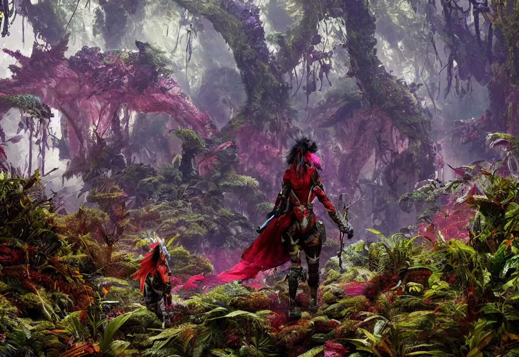 Prompt: explorer woman walking in animal fur armour, walking in a dense alien snow covered jungle with colourful red, blue and purple plants, large vines, mossy organic rock structures, in the style of monster hunter world, like concept art on artstation, hyperdetailed, vray render, octane render,