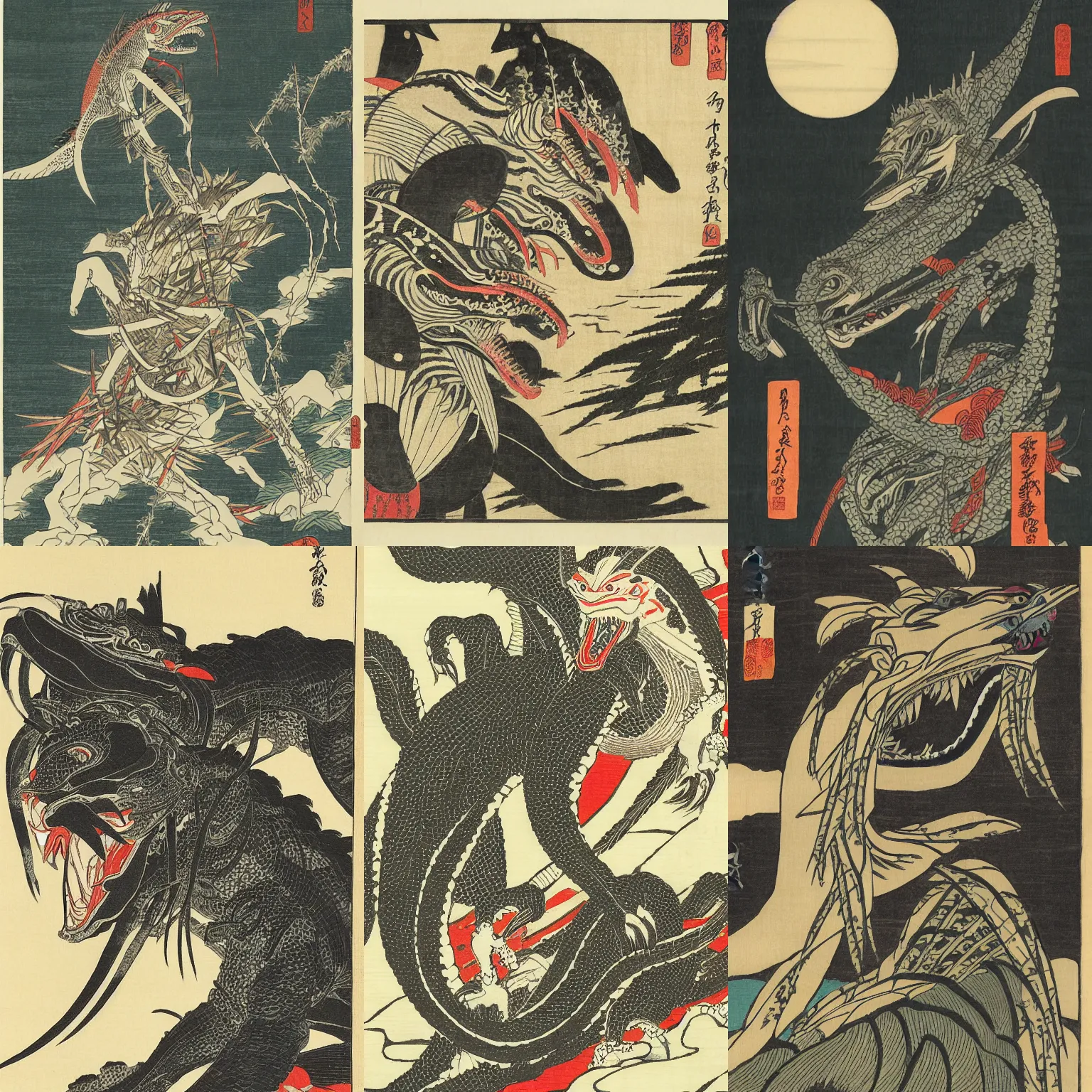 Prompt: a beautiful woodblock print by Utagawa Toyokuni of The Predator, Yautja, very detailed, high quality