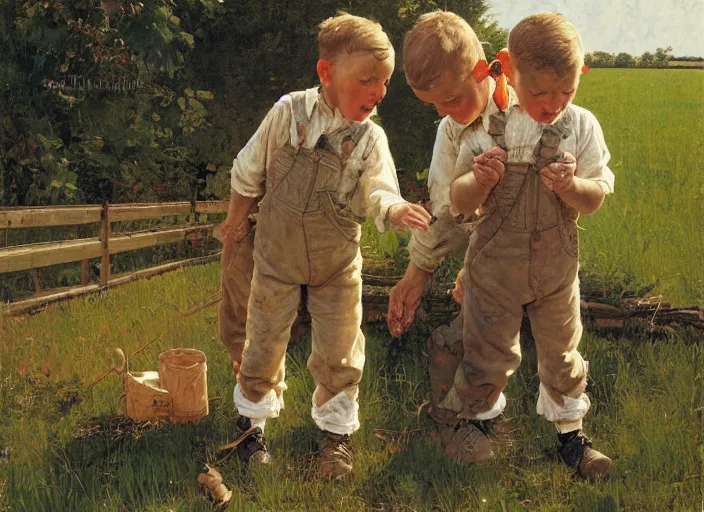 Prompt: high quality high detail painting by norman rockwell, hd, two young boys wearing overalls, farm, muted pastel colors, photorealistic lighting