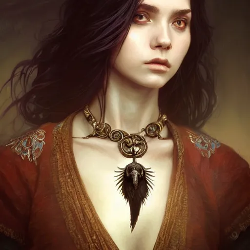 Prompt: Portrait of a young female necromancer wearing a necklace with small bird skulls, epic dark fantasy, medium shot, intricate, elegant, highly detailed, digital painting, artstation, concept art, smooth, sharp focus, illustration, art by artgerm and greg rutkowski and alphonse mucha