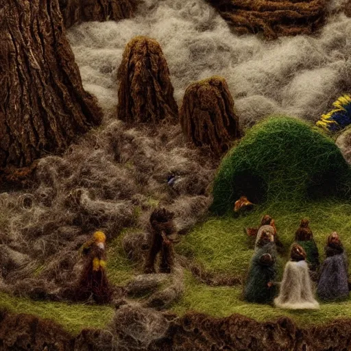 Prompt: needle felted fellowship of the ring movie poster, highly detailed, tilt shift, eerie, hyperrealism, highly textured, god rays