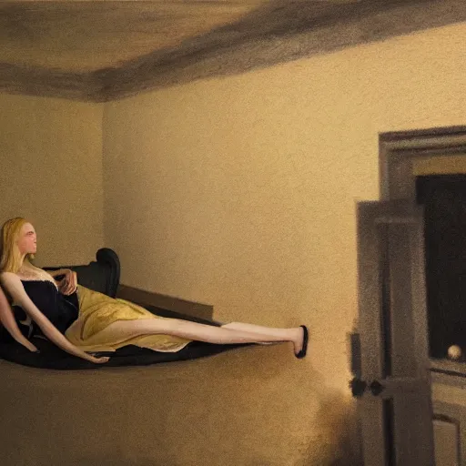 Prompt: Elle Fanning in the painted world of Prospect, head and shoulders masterpiece, apocalypse, golden hour, cosmic horror, artstation, in the style of Andrew Wyeth and Edward Hopper and Bosch, extremely detailed