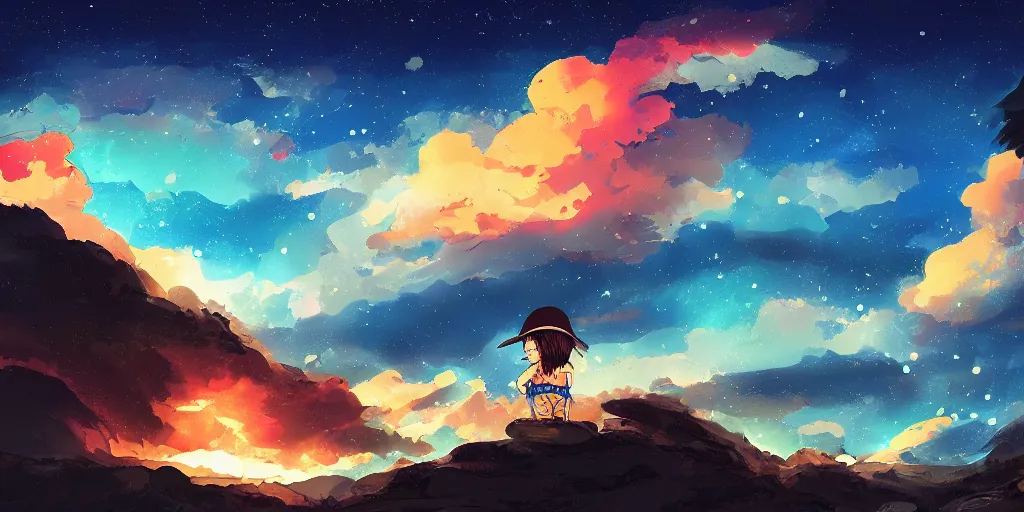 Image similar to luffy, mountain landscape, night sky, digital art, digital painting, celestial, majestic, playful, colorful