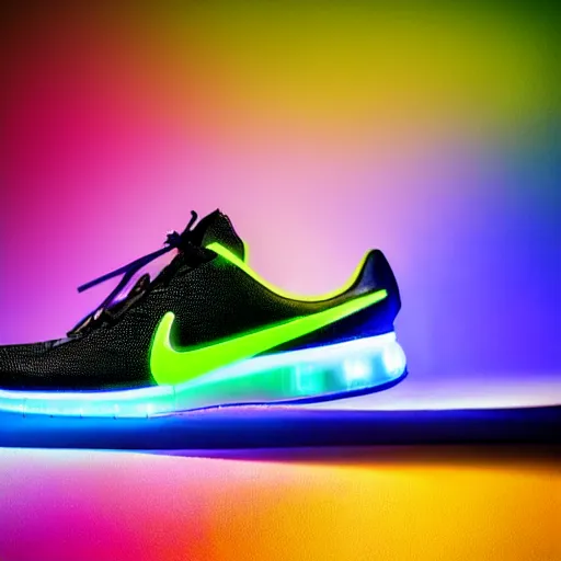 Prompt: futuristic nike shoe with neon lights on it, product photography