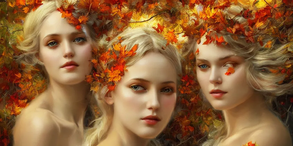 Image similar to breathtaking detailed concept art painting art deco pattern of blonde goddesses faces amalgamation autumn leaves, by volegov, bizarre compositions, exquisite detail, extremely moody lighting, 8 k