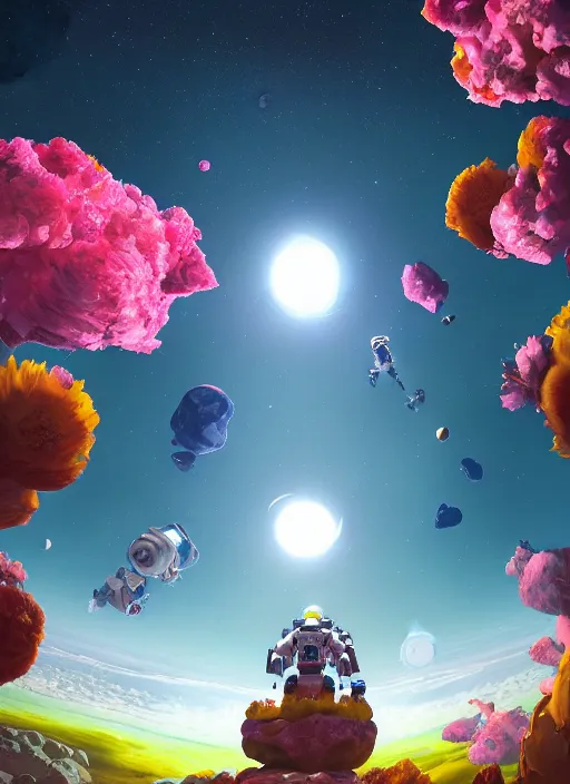 Prompt: An epic fantastic realism comic book style astroneer painting of the most beautiful flowers launched into space, bouquets, solar eclipse, fisheye, unreal 5, DAZ, hyperrealistic, octane render, dynamic lighting