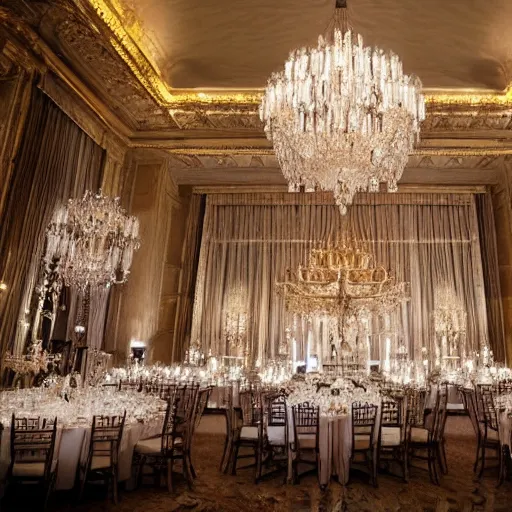 Image similar to photo, a giant monstrous creature made out of shiny glittering reflecting ornate elegant crystal stemware, inside a grand huge elegant ballroom